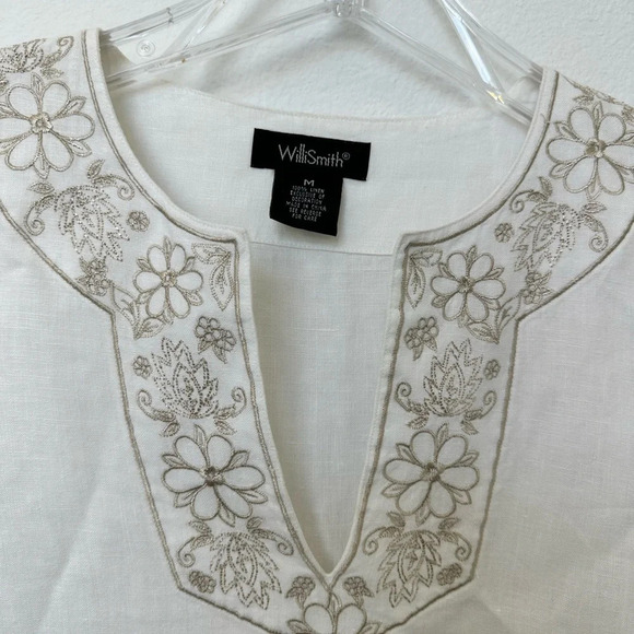 WilliSmith 100% Linen White Embroidered Tunic Top/Swimsuit coverup Size M - Picture 6 of 12